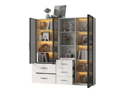 Vitrina|ModernLuxe Vitrine 140×40×160 cm - com iluminação LED - 3 portas de vidro - 5 gavetas - Branco