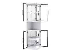 Vitrina*ModernLuxe Vitrine 205 cm de altura - Iluminação LED - 4 portas de vidro - Fundo espelho - Armazenamento aberto - Painéis de partículas - Branc Branco