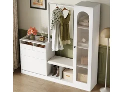 New DripeX Vitrine 1 porta de vidro 6 em 1 - com LED, Espelho, móvel de sapatos de abater, penteadeira, 2 gavetas - 163x35x161cm Branco