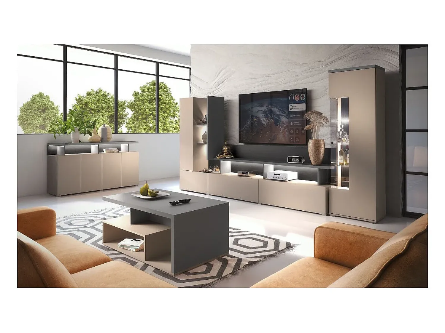 Meublorama Vitrine 1 porta NESS – Acabamento Congo & Antracite – LED branco neutro – 10 nichos design^ Vitrina