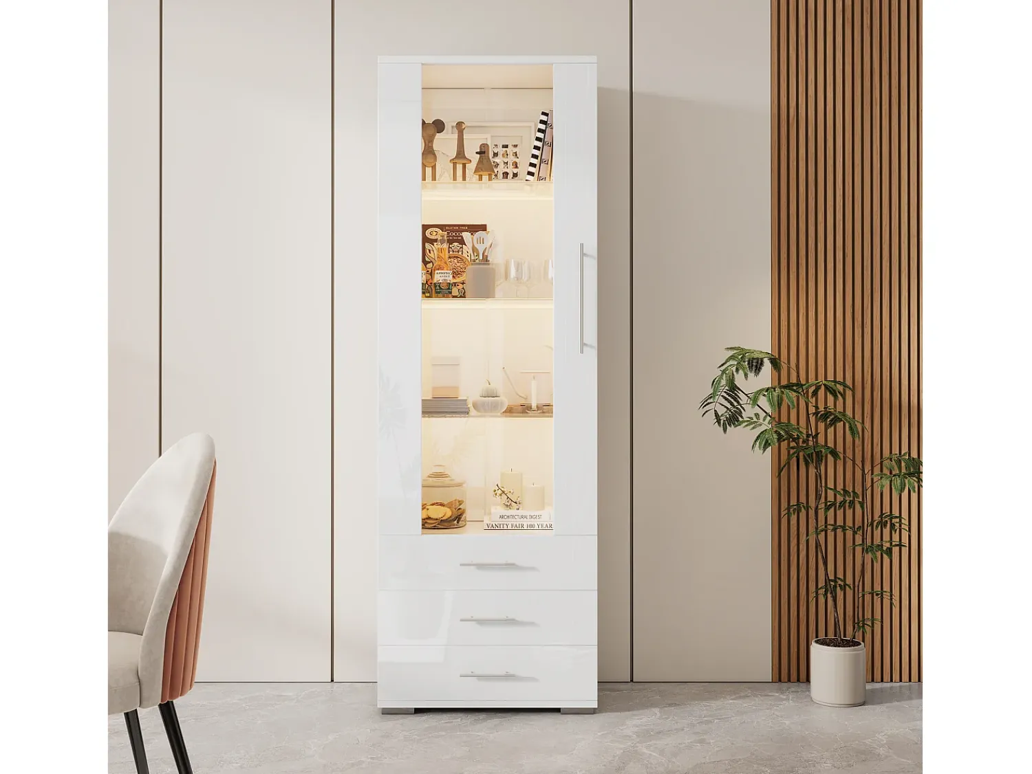 Vitrina*Hauss Spole Vitrine alta com 3 gavetas e 1 porta, estrutura em MDF lacado , LED incluído - 60x35x180cm Branco