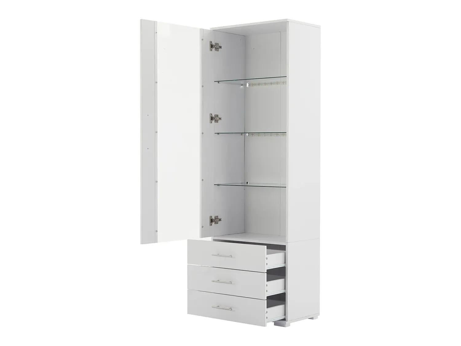 Vitrina*Hauss Spole Vitrine alta com 3 gavetas e 1 porta, estrutura em MDF lacado , LED incluído - 60x35x180cm Branco