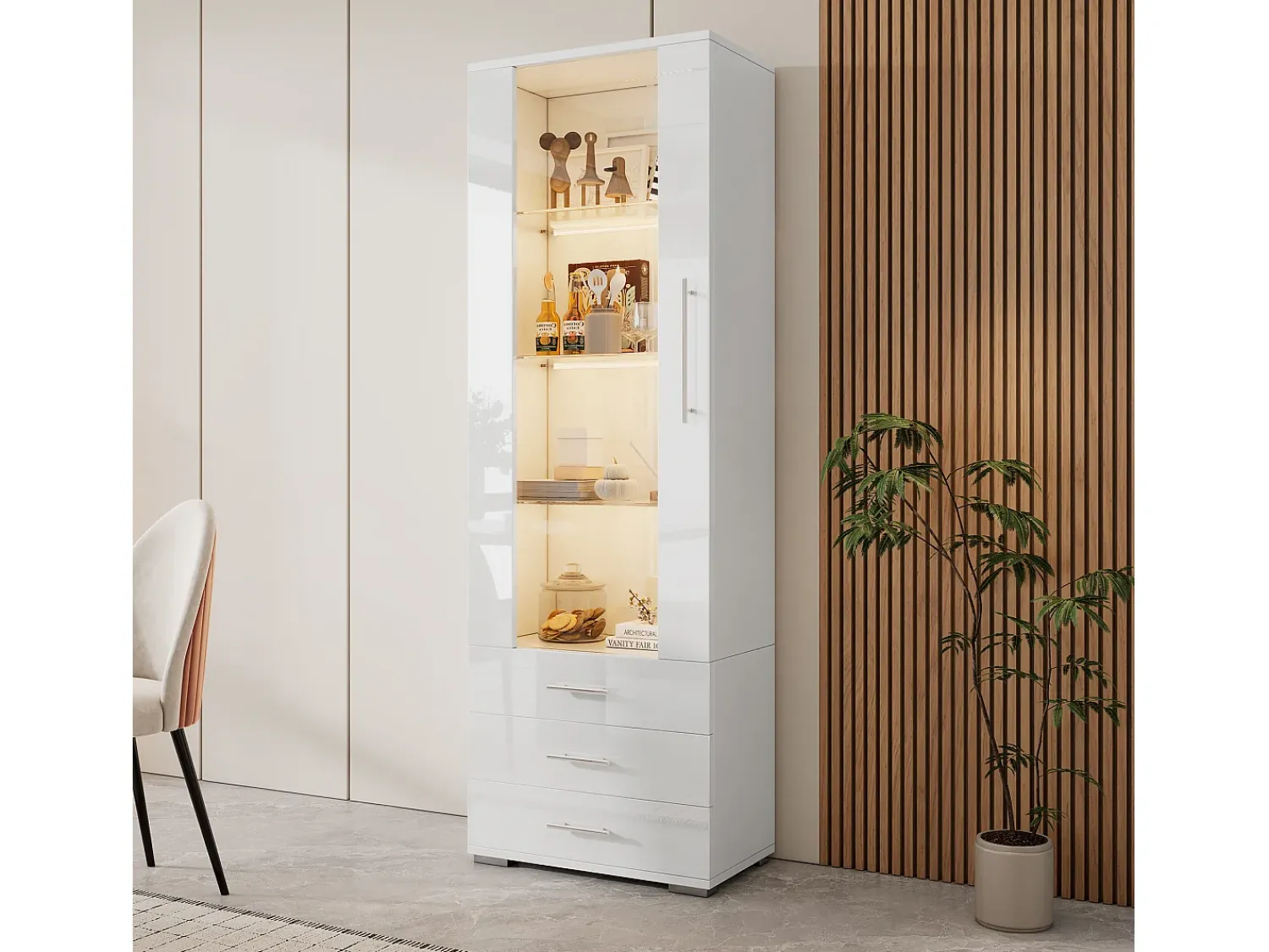 Vitrina*Hauss Spole Vitrine alta com 3 gavetas e 1 porta, estrutura em MDF lacado , LED incluído - 60x35x180cm Branco