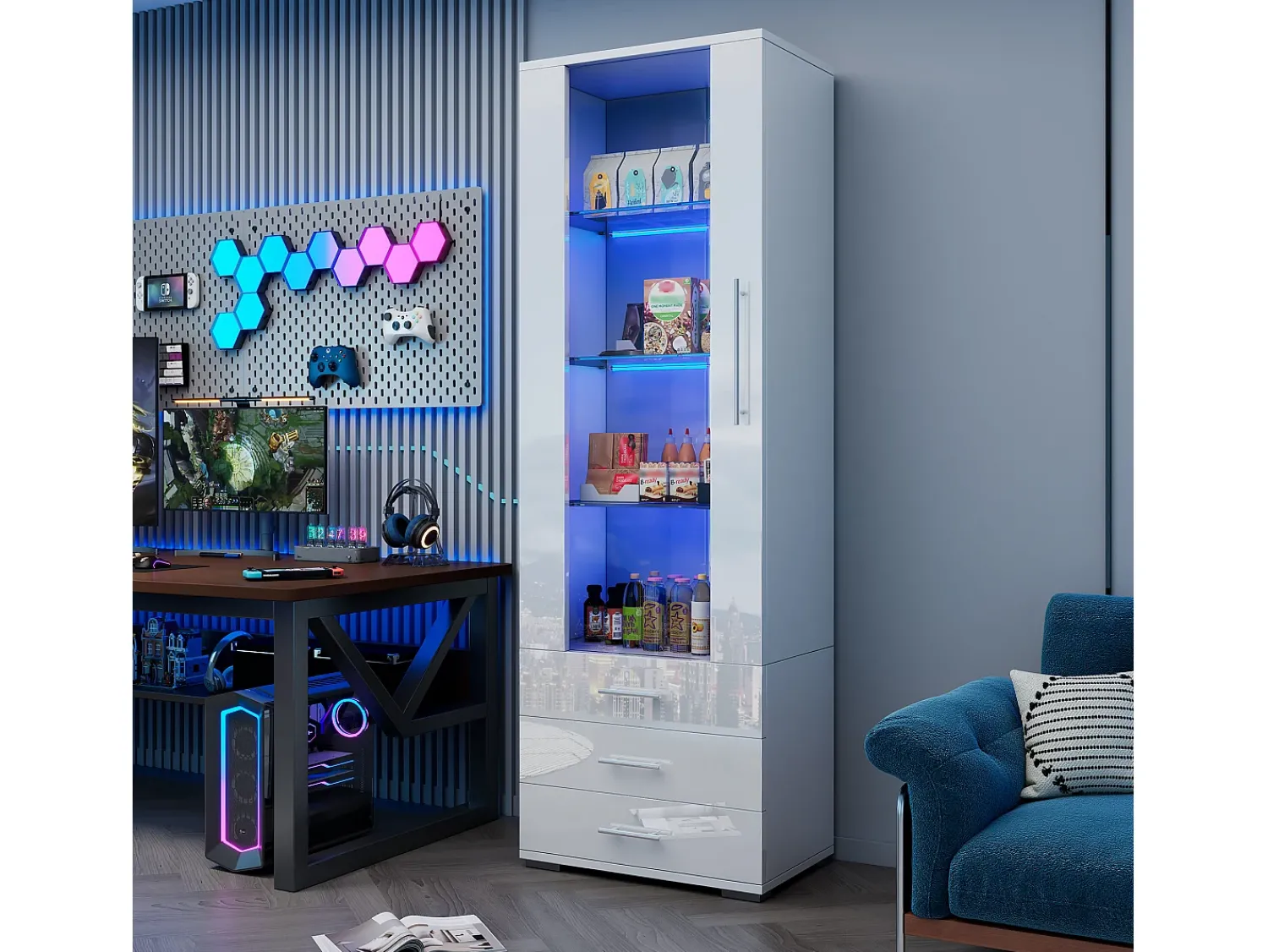 Vitrina*Hauss Spole Vitrine alta com 3 gavetas e 1 porta, estrutura em MDF lacado , LED incluído - 60x35x180cm Branco