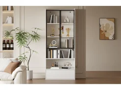 Best Merax Vitrine alta de vidro - 80 x 34 x 180 cm - com 1 gaveta + portas de vidro + LEDs + prateleira aberta - MDF + vidro - branca Branco