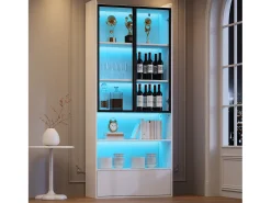 Best Merax Vitrine alta de vidro - 80 x 34 x 180 cm - com 1 gaveta + portas de vidro + LEDs + prateleira aberta - MDF + vidro - branca Branco