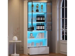 Best Merax Vitrine alta de vidro - 80 x 34 x 180 cm - com 1 gaveta + portas de vidro + LEDs + prateleira aberta - MDF + vidro - branca Branco