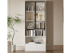 Best Merax Vitrine alta de vidro - 80 x 34 x 180 cm - com 1 gaveta + portas de vidro + LEDs + prateleira aberta - MDF + vidro - branca Branco