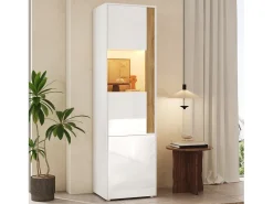 Vitrina|Merax Vitrine alta moderna - 50 x 40 x 179 cm - com LEDs + 4 portas - para sala de estar/escritório - Acrílico + aglomerado - e natural Branco
