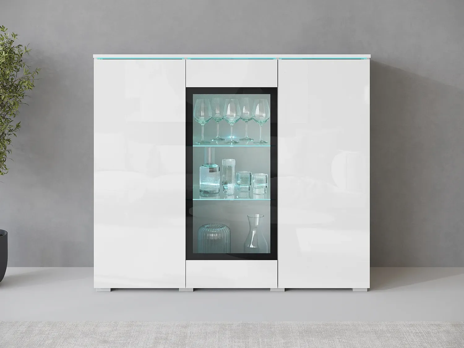 Vitrina| Vitrine alta moderna 120 cm para sala 3 portas corpo mate e frentes brilho Branco