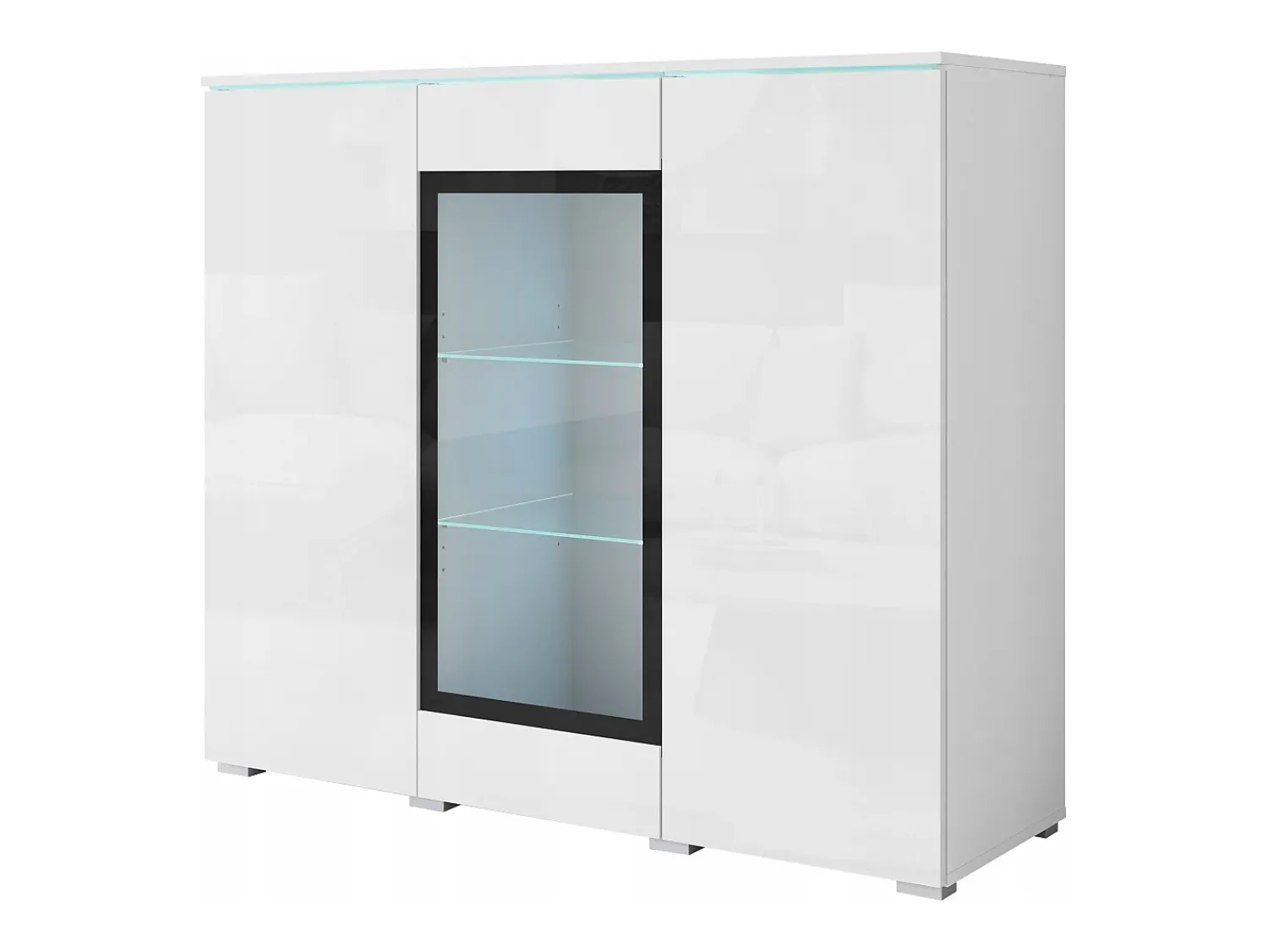 Vitrina| Vitrine alta moderna 120 cm para sala 3 portas corpo mate e frentes brilho Branco