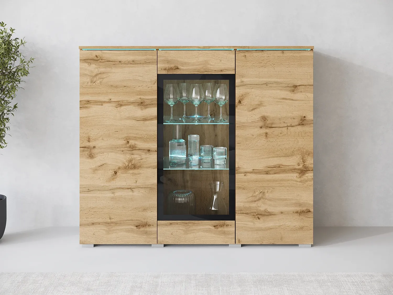 Vitrina* Vitrine alta moderna 120 cm para sala 3 portas carvalho wotan mate Natural escuro