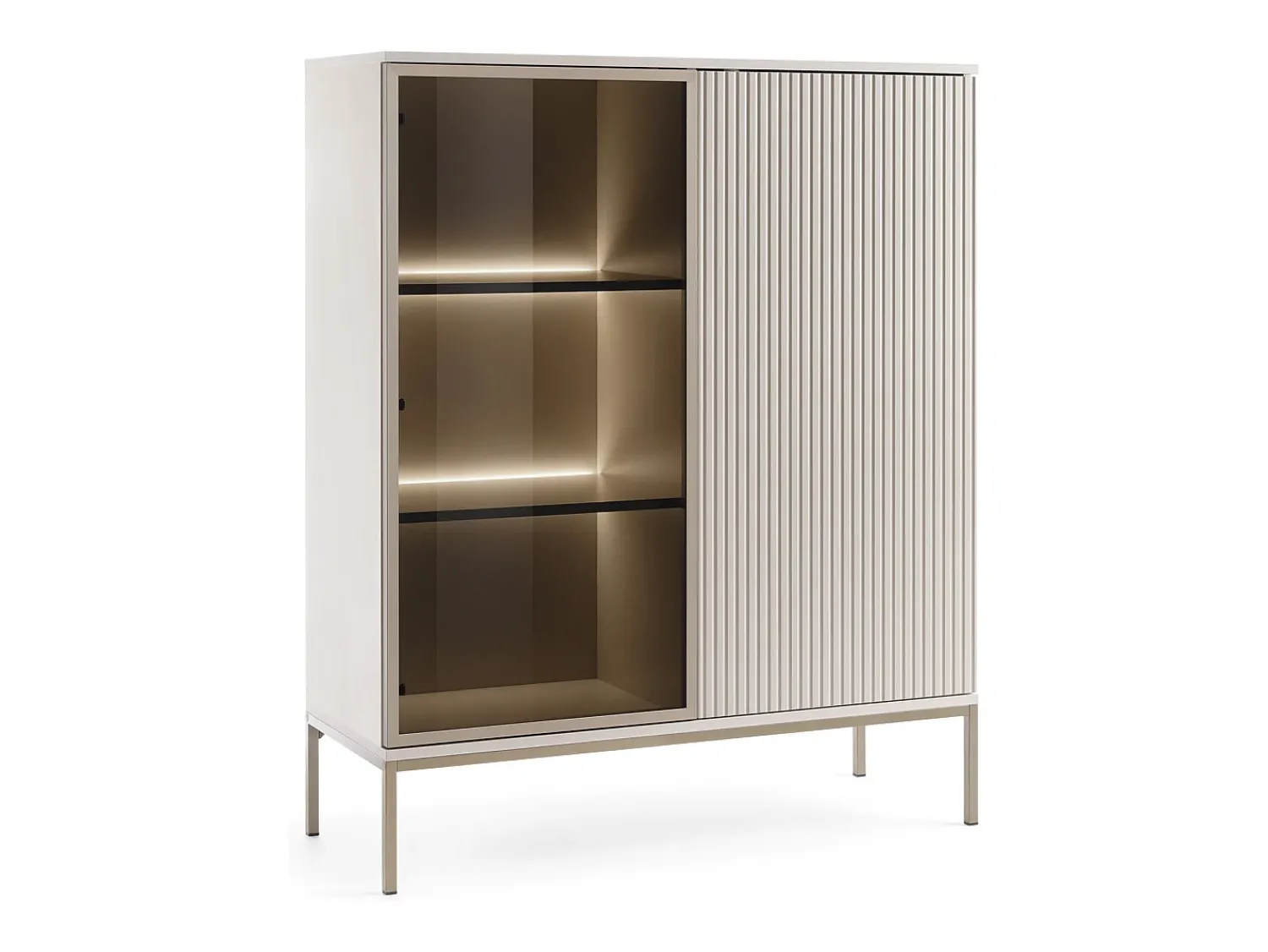 Best Vitrine baixa moderna com frente canelada, 104×126×39 cm, Caxemira / Ouro Castanho