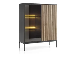 Vitrine baixa moderna com frente canelada, 104×126×39 cm, Preto / Carvalho Wotan^ Vitrina