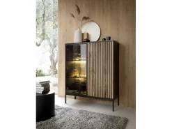 Vitrine baixa moderna com frente canelada, 104×126×39 cm, Preto / Carvalho Wotan^ Vitrina