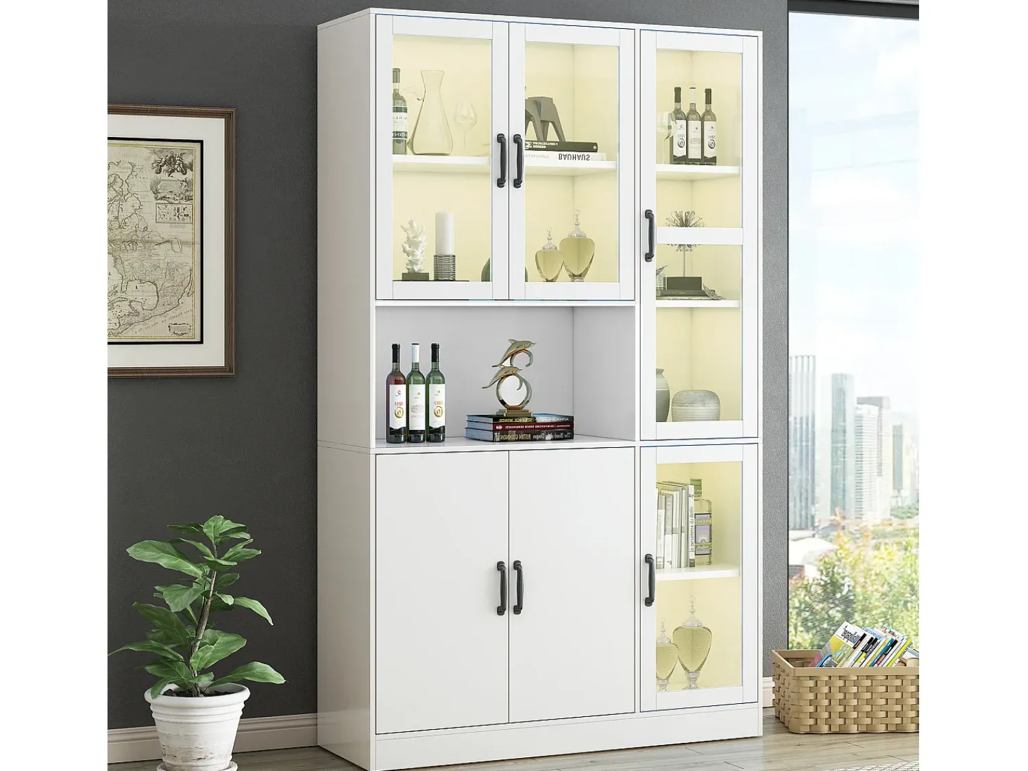 Best Hauss Spole Vitrine branca com 2 portas, 4 portas de vidro e luzes LED, puxadores pretos Branco