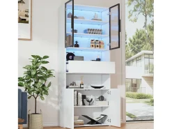Hauss Spole Vitrine branca com 2 portas, 2 portas de vidro, gaveta e luzes LED, aglomerado Branco