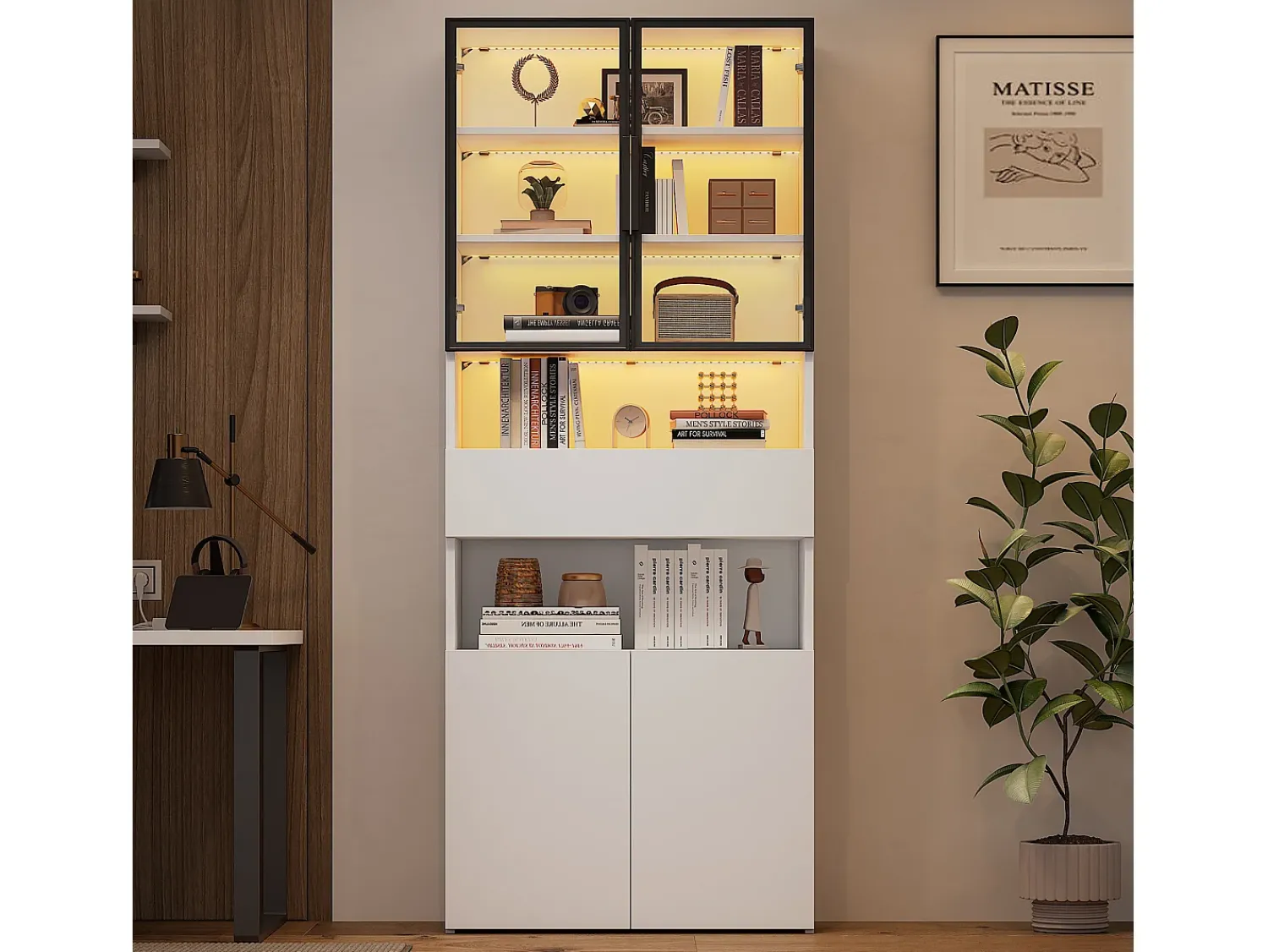 Hauss Spole Vitrine branca com 2 portas, 2 portas de vidro, gaveta e luzes LED, aglomerado Branco