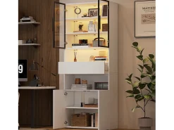 Vitrina* Vitrine branca com iluminação LED - Vitrine com 2 portas de vidro e 2 portas de madeira - 1 gaveta e espaço de arrumação aberto Branco