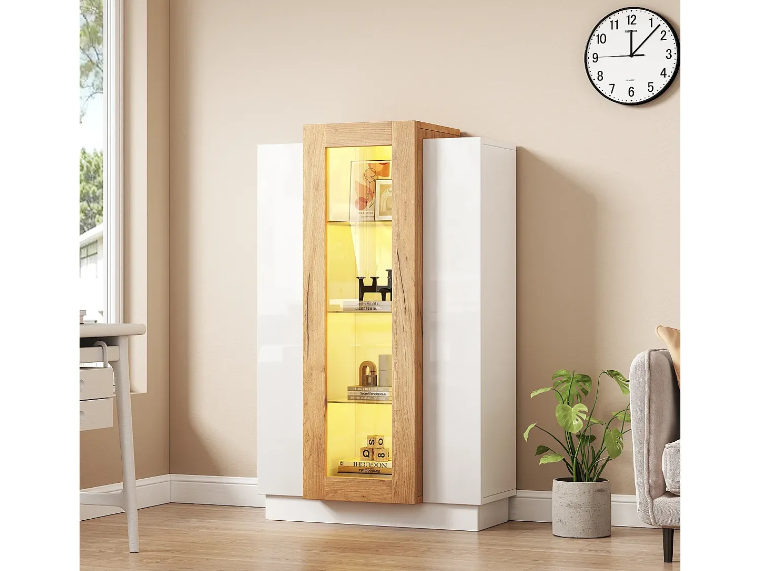 Hauss Spole Vitrine branca 74x40x120cm com 3 portas, sendo 1 de acrílico, prateleiras de vidro, LED incluso Branco