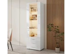 Vitrina|ModernLuxe Vitrine brilhante - com LED - 3 gavetas e prateleiras - 60x35x180 cm - MDF - Branco