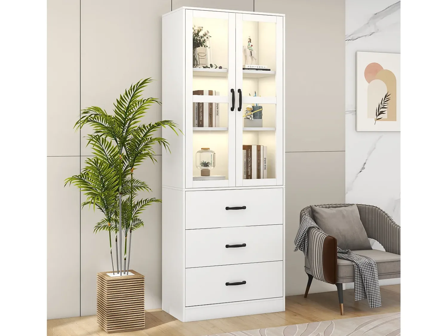 Merax Vitrine com 3 gavetas e 2 portas de vidro - LEDs - Madeira MDF - lacado - 60 x 40 x 200 cm^ Vitrina