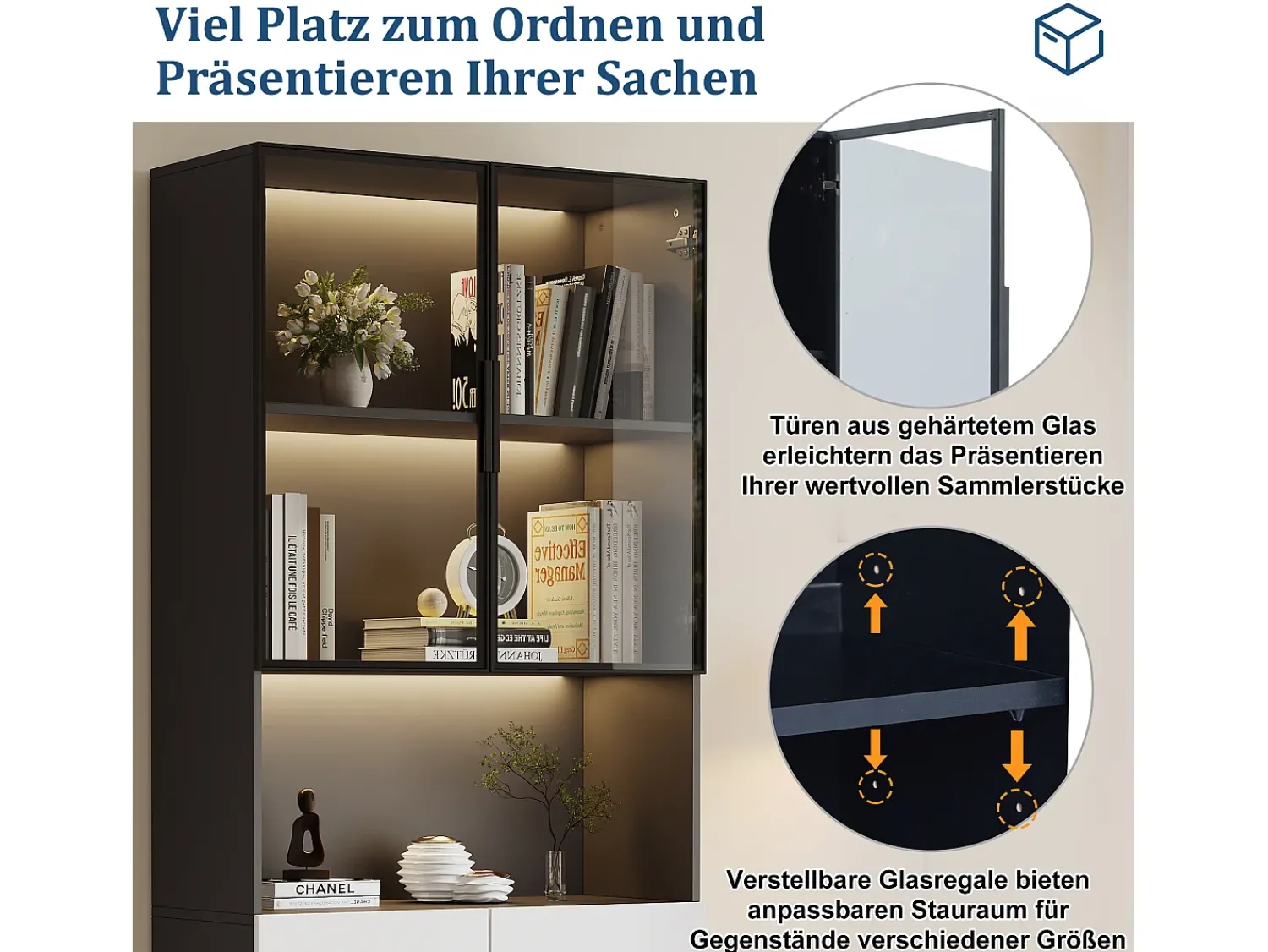 Vitrina*Merax Vitrine com 8 portas - 160 x 30 x 200 cm - LEDs - Aglomerado e vidro - Branco