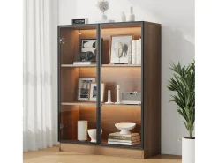 Outlet Merax Vitrine com 2 portas de vidro - 80 x 32 x 106 cm - com 3 prateleiras + LEDs - aglomerado + vidro - Nogueira Castanho