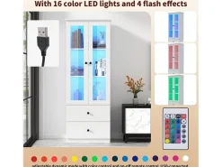 New Merax Vitrine com 2 portas e 2 gavetas - 60 x 36 x 165 cm - LEDs - Prateleiras reguláveis - Aglomerado + MDF - Branco