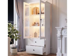 New Merax Vitrine com 2 portas e 2 gavetas - 60 x 36 x 165 cm - LEDs - Prateleiras reguláveis - Aglomerado + MDF - Branco