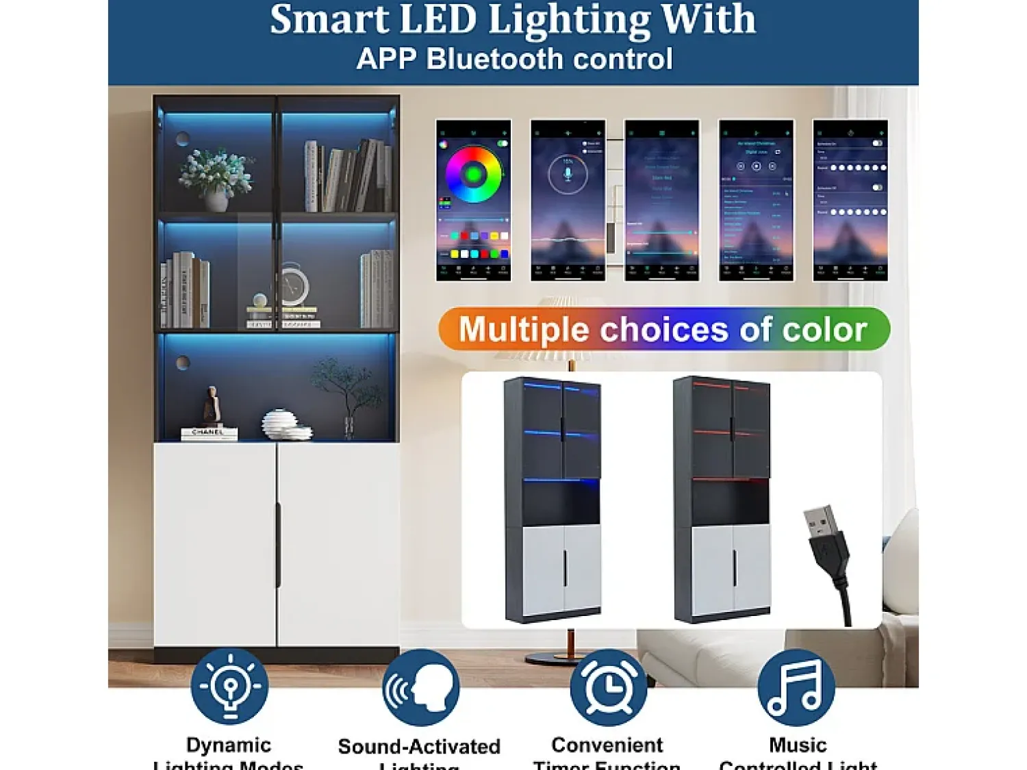DripeX Vitrine com LED - 4 Portas + 1 Nicho - Anti-Queda - Cor e Brilho Ajustável 80x30x200cm^ Vitrina