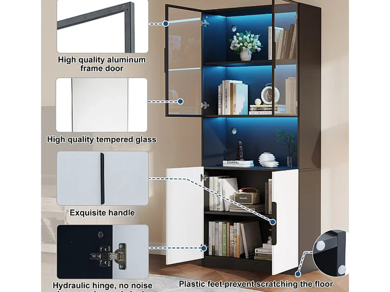 DripeX Vitrine com LED - 4 Portas + 1 Nicho - Anti-Queda - Cor e Brilho Ajustável 80x30x200cm^ Vitrina