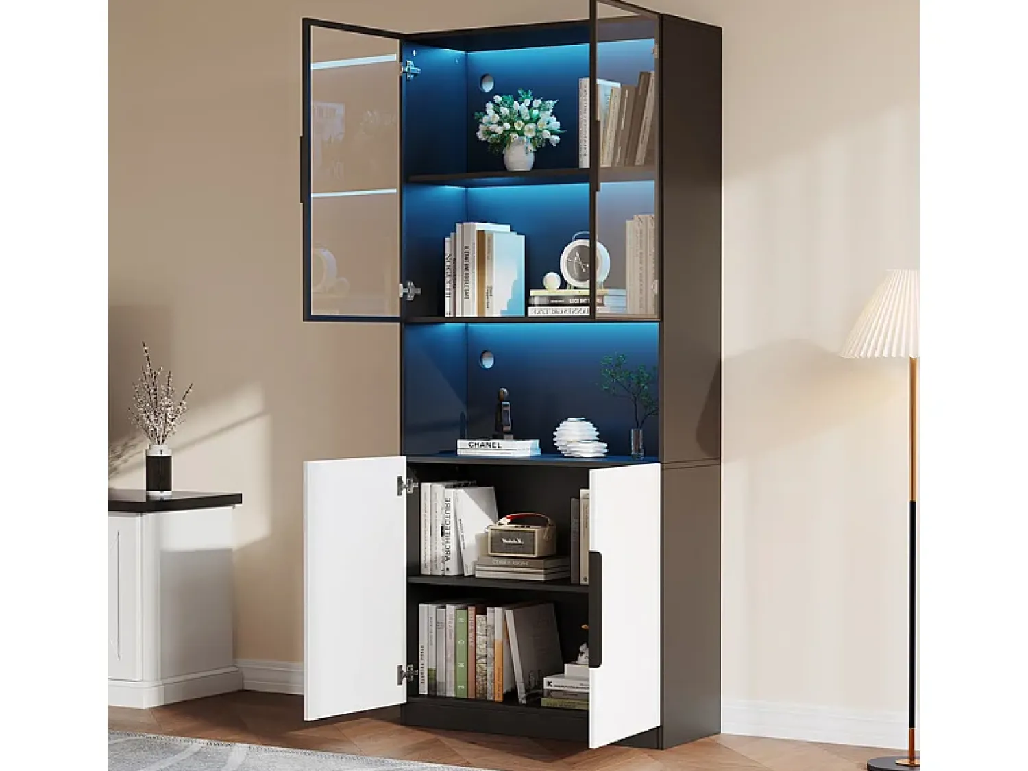 DripeX Vitrine com LED - 4 Portas + 1 Nicho - Anti-Queda - Cor e Brilho Ajustável 80x30x200cm^ Vitrina