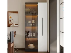Hot Merax Vitrine com porta de vidro e LEDs - 70 x 40 x 160 cm - com prateleira lateral deslizante - MDF - e branco Preto
