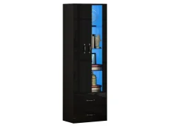 Vitrina*Merax Vitrine com porta transparente - 60 x 35 x 182,5 cm - com LEDs + 2 portas + 2 gavetas - aglomerado - Preto