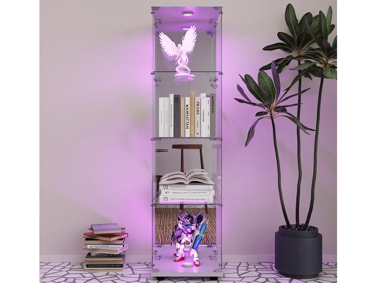 Vitrina| Vitrine de vidro com 1 porta e fechadura, para sala de estar, branca com luz e espelho, 164x42,5x36,5 cm Branco