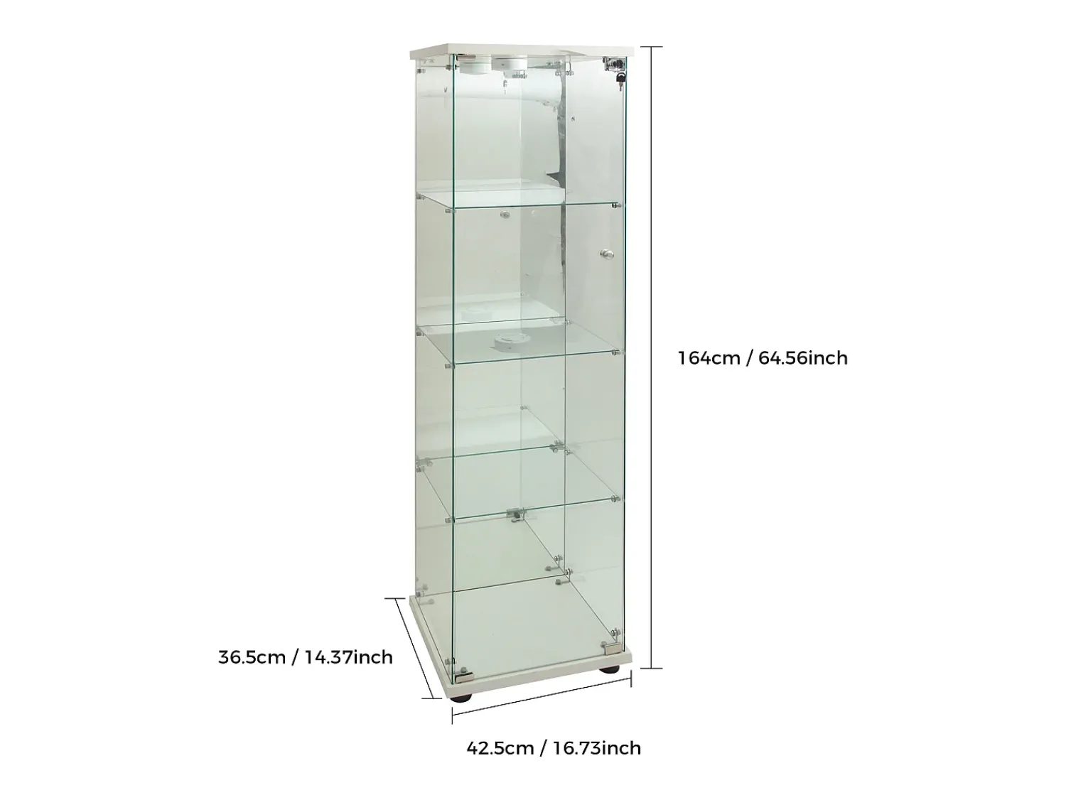 Vitrina| Vitrine de vidro com 1 porta e fechadura, para sala de estar, branca com luz e espelho, 164x42,5x36,5 cm Branco