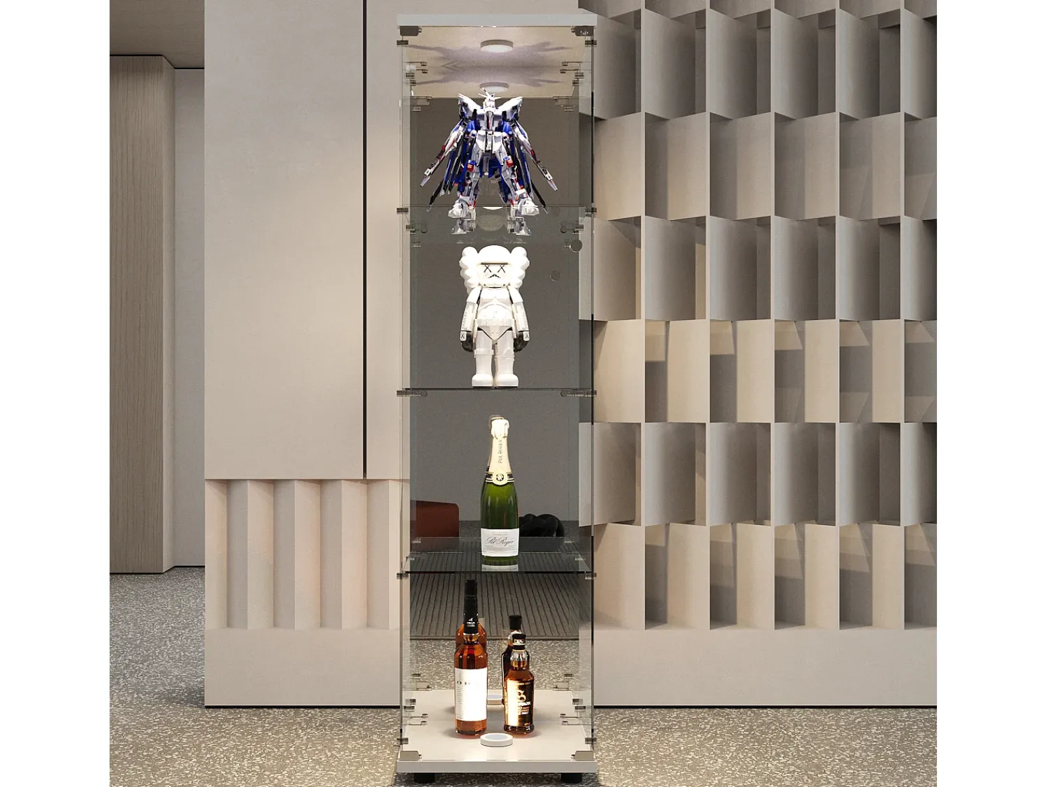 Vitrina| Vitrine de vidro com 1 porta e fechadura, para sala de estar, branca com luz e espelho, 164x42,5x36,5 cm Branco