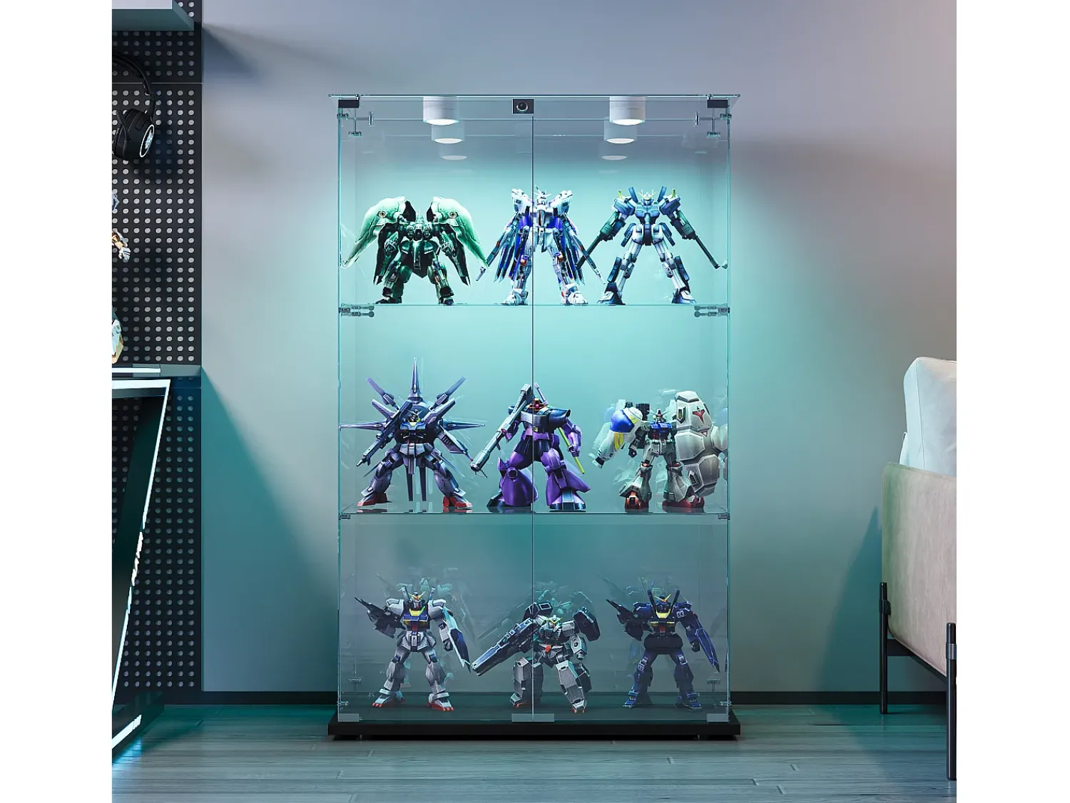 Online Vitrine de vidro com 4 prateleiras e portas duplas – Móveis elegantes para sala de estar Preto
