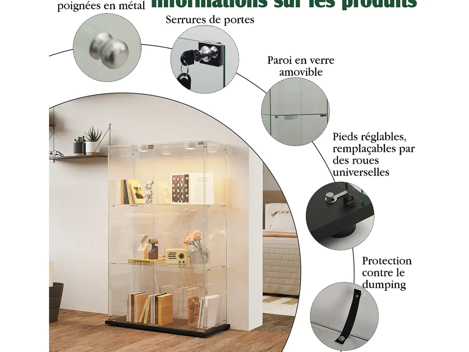 Online Vitrine de vidro com 4 prateleiras e portas duplas – Móveis elegantes para sala de estar Preto