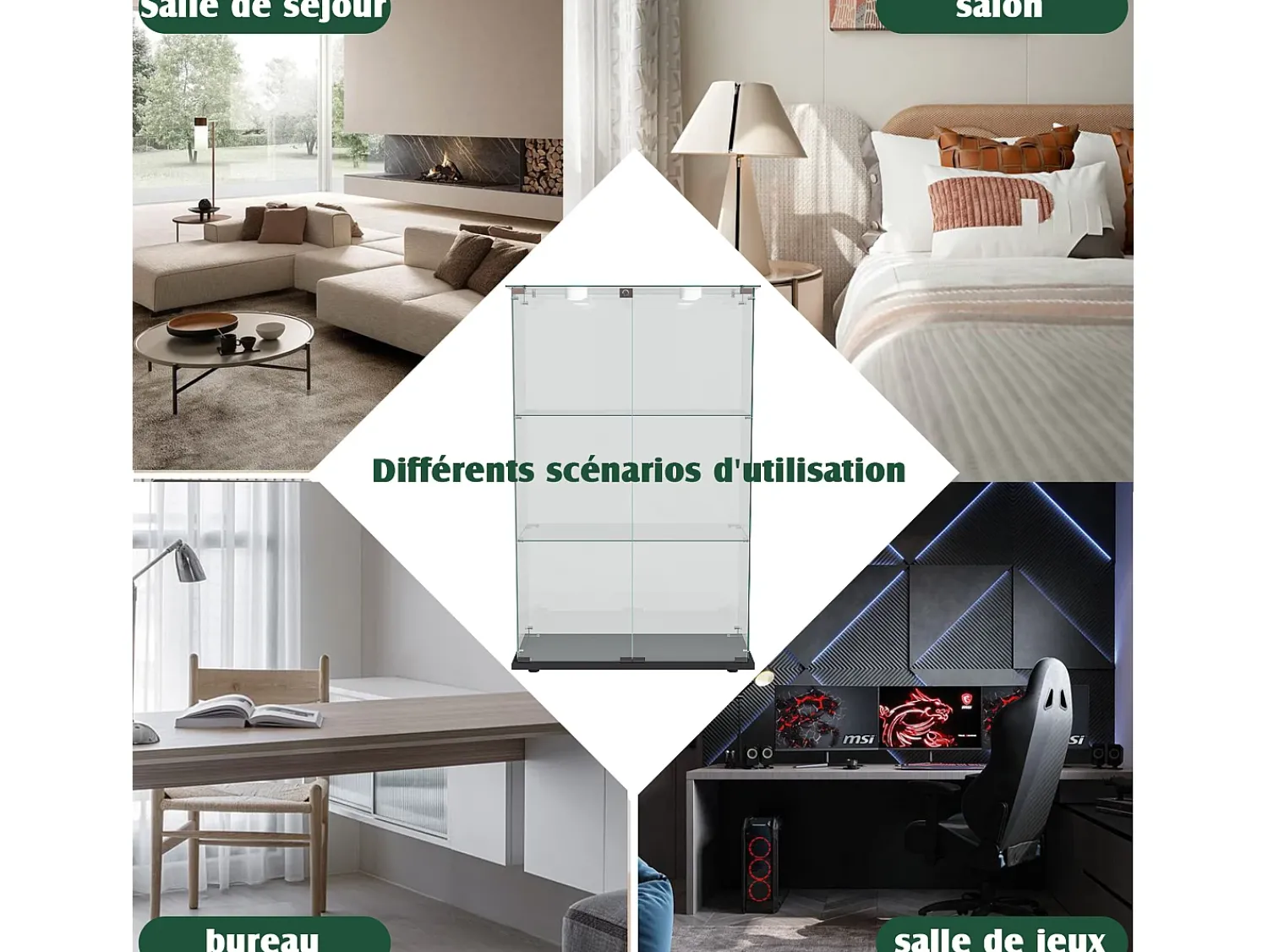 Online Vitrine de vidro com 4 prateleiras e portas duplas – Móveis elegantes para sala de estar Preto