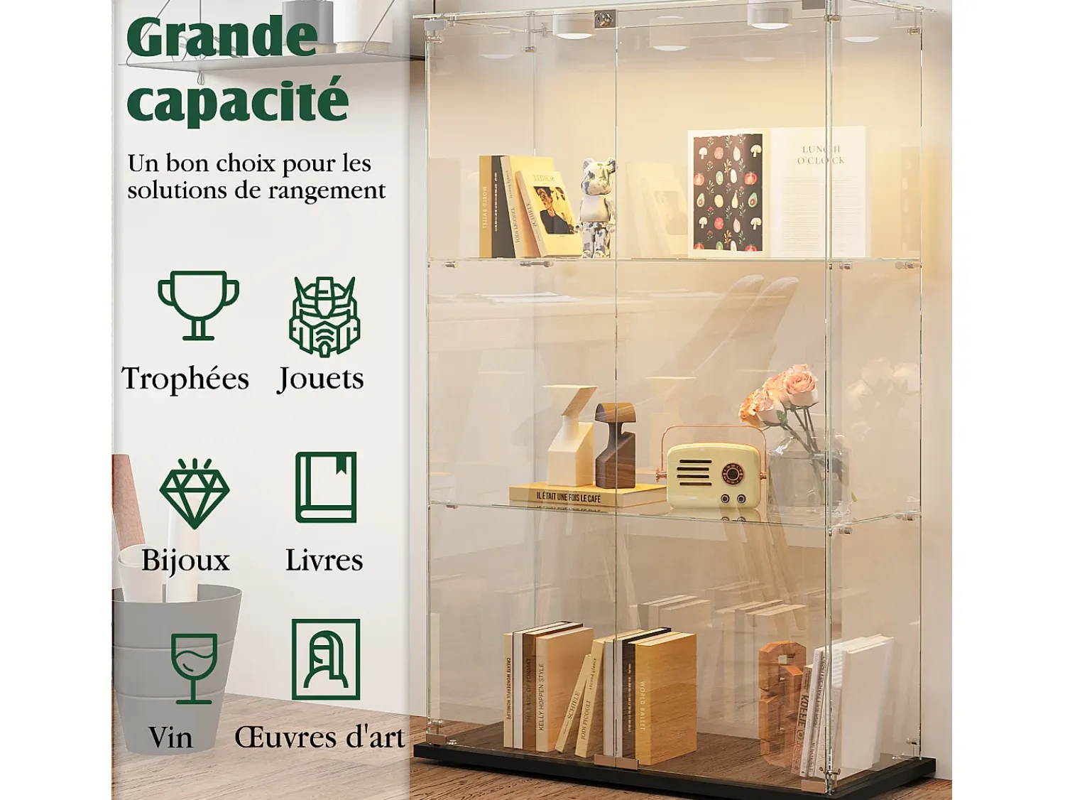Online Vitrine de vidro com 4 prateleiras e portas duplas – Móveis elegantes para sala de estar Preto