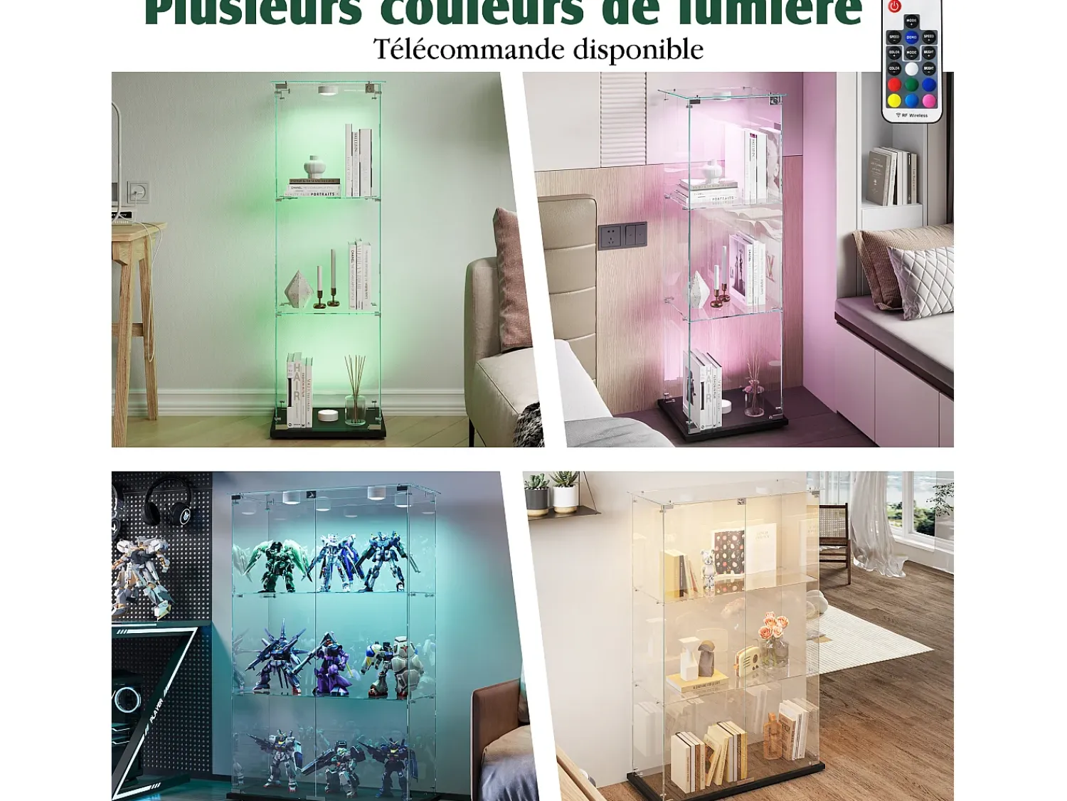 Online Vitrine de vidro com 4 prateleiras e portas duplas – Móveis elegantes para sala de estar Preto
