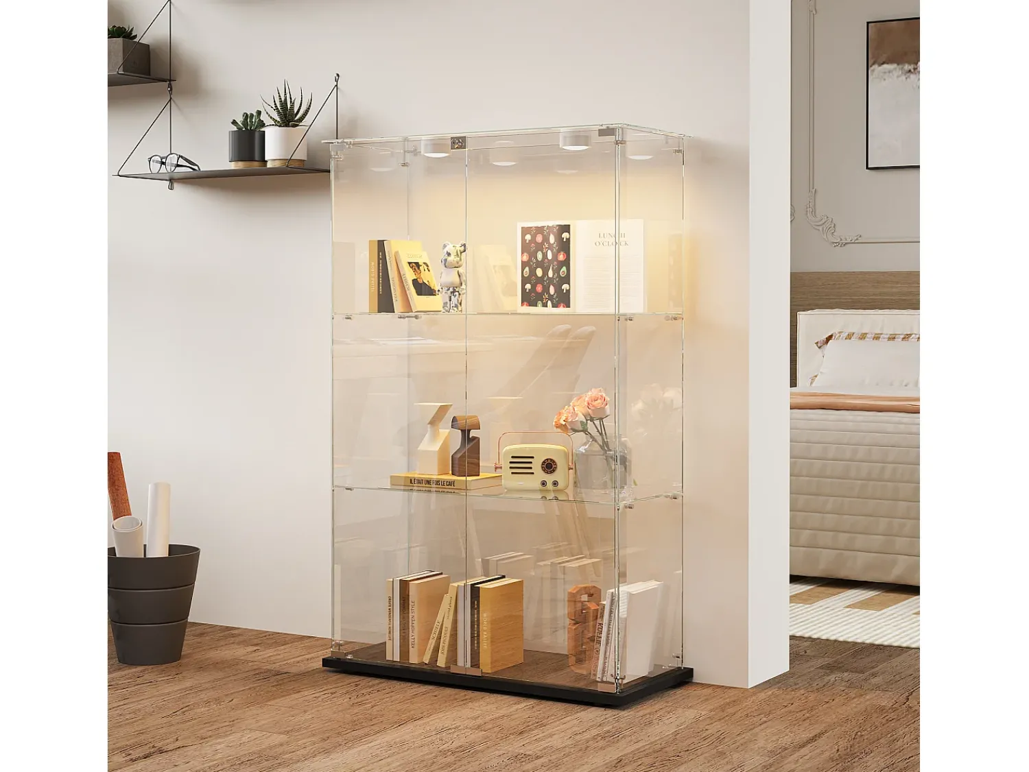 Online Vitrine de vidro com 4 prateleiras e portas duplas – Móveis elegantes para sala de estar Preto
