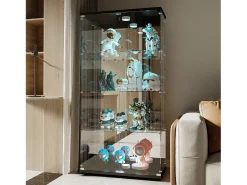 Vitrina| Vitrine de vidro com 4 prateleiras, vitrine de 2 portas com luz e fechadura, preta Preto