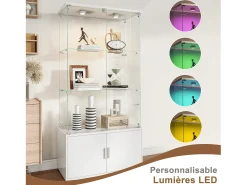 Vitrina| Vitrine de vidro com 3 prateleiras, armários e iluminação LED - Design moderno, Branco