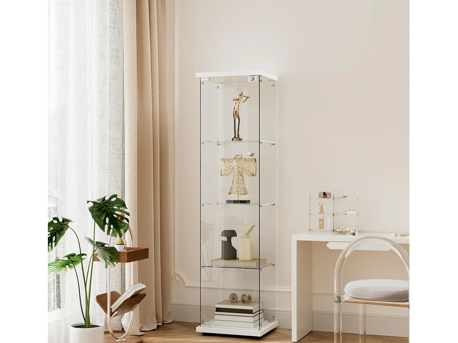 Vitrine de vidro com 4 prateleiras e 1 porta, 164x42,5x36,5 cm, armário de coleção, , transparente^ Vitrina