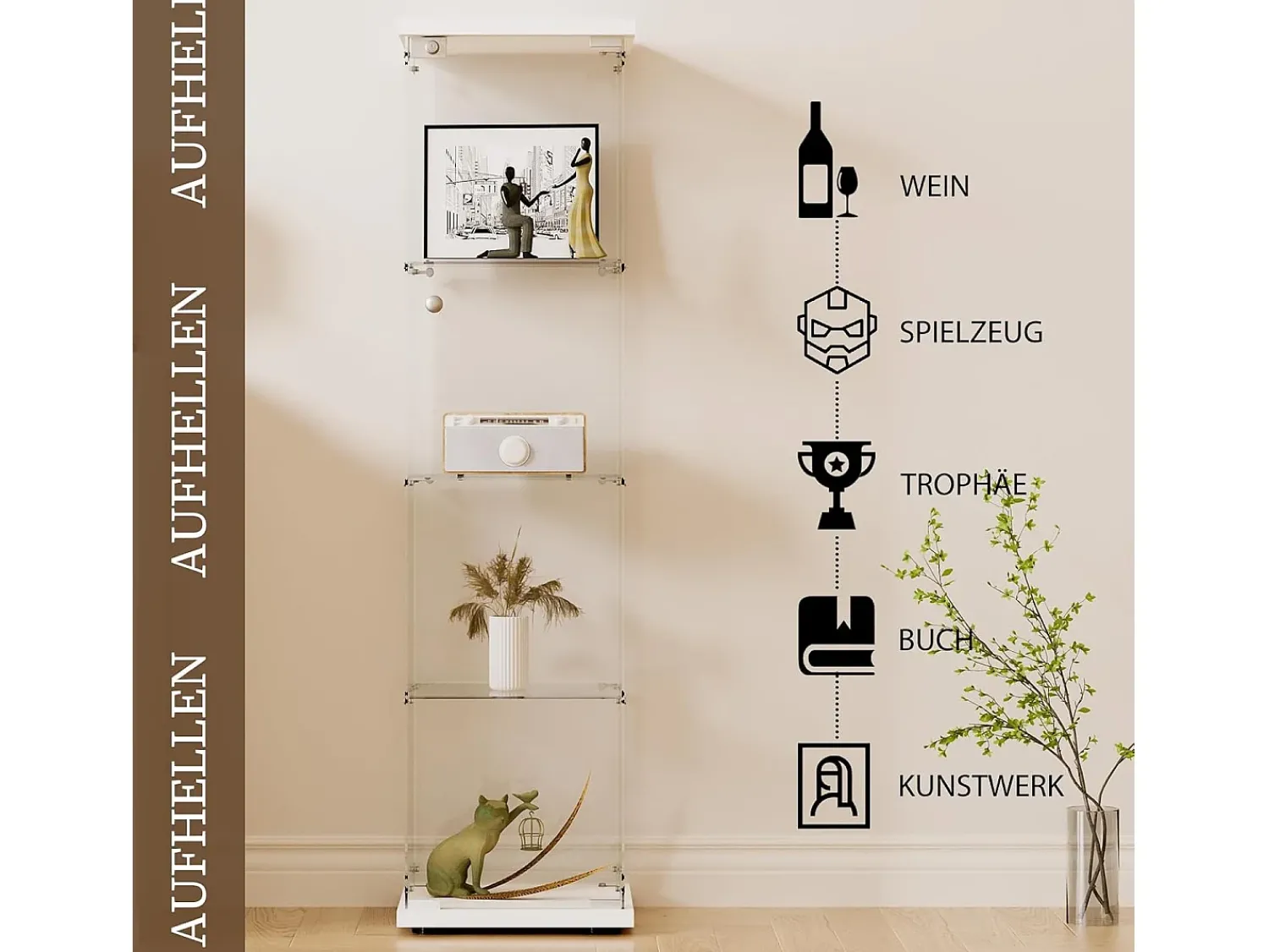 Vitrine de vidro com 4 prateleiras e 1 porta, 164x42,5x36,5 cm, armário de coleção, , transparente^ Vitrina