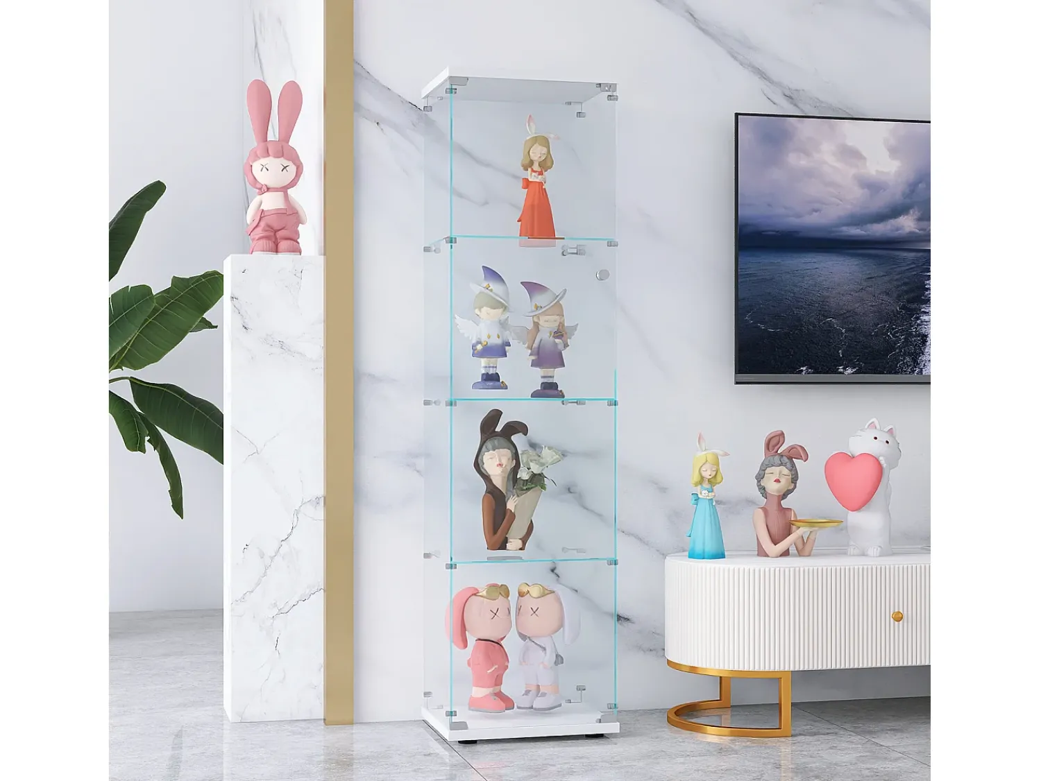 Vitrine de vidro com 4 prateleiras e 1 porta, 164x42,5x36,5 cm, armário de coleção, , transparente^ Vitrina
