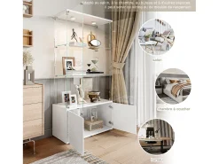 Vitrina* Vitrine de vidro com 3 prateleiras, armários e iluminação LED – Design moderno Branco